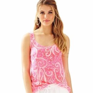 Lilly Pulitzer Cosmos Sleeveless Silk Scoop Neck Tank Top Pink White